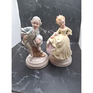 Vtg Victorian colonial Couple handpainted 70s books shelf decor cottage core